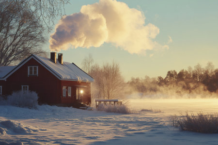 Smoke rising from the chimney of a cozy red wooden house in a beautiful winter landscape at sunsetの素材