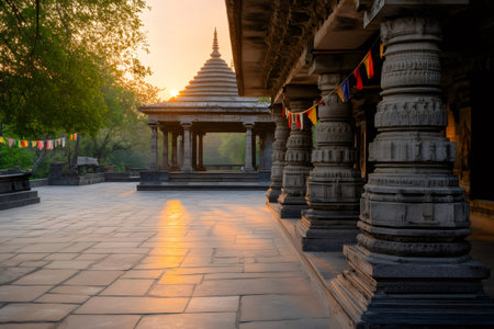 Golden sunrise illuminating the courtyard of the ancient thousand pillared temple, a unesco world heritage site located in warangal, indiaの素材