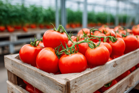 Ripe tomatoes growing on the vine in a greenhouse setting, ready for harvest and packing in wooden cratesの素材