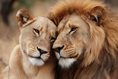 Male and female lion nuzzling heads, displaying a tender moment of affection in their natural habitatの素材