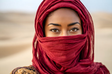 Close up of a Berber woman wearing a traditional red veil, showcasing the rich cultural heritage of the desertの素材