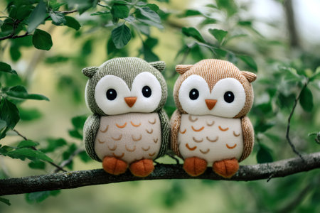 Two cuddly toy owls sitting on a branch, enjoying the serene outdoor settingの素材