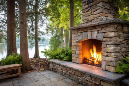 Stone fireplace burning brightly on a patio next to a lake surrounded by treesの素材