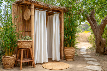 Relaxing outdoor bamboo shower structure with white curtains, straw rug, plants, and a stone path leading to a tranquil gardenの素材
