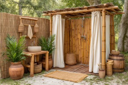 Tranquil outdoor bathroom featuring a bamboo shower with curtains, sink, and natural decorations, offering a relaxing spa ambianceの素材