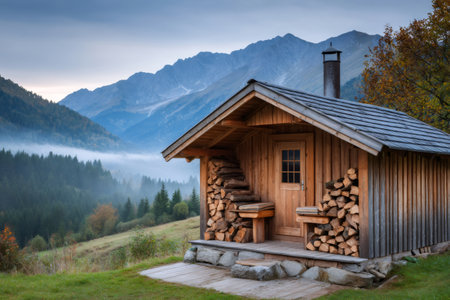 Wooden cabin stands in a mountain valley with fog rolling over the trees and peaks in the backgroundの素材