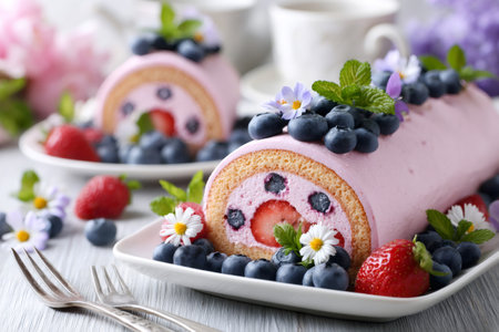 Pink swiss roll cake decorated with blueberries, strawberries, and flowers, lying on a white plateの素材