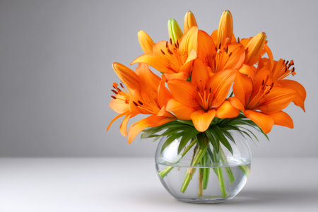 Orange lilies arranged in a glass vase create a vibrant display against a minimalist backdropの素材