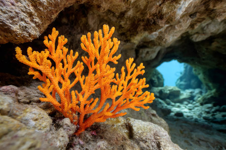 Vibrant orange coral thrives in a dark underwater cave, creating a stark contrast of color and lightの素材