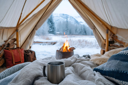 Enjoying a warm beverage inside a canvas tent during a winter glamping trip, with a bonfire burning outsideの素材