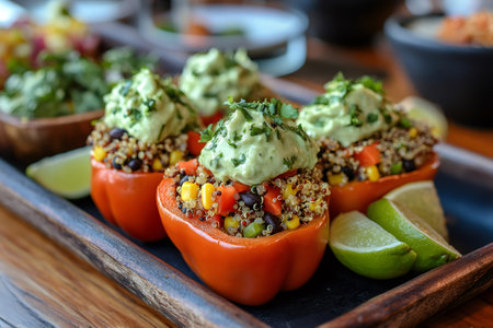 Delicious and healthy quinoa stuffed bell peppers topped with guacamole and cilantro, served on a wooden trayの素材
