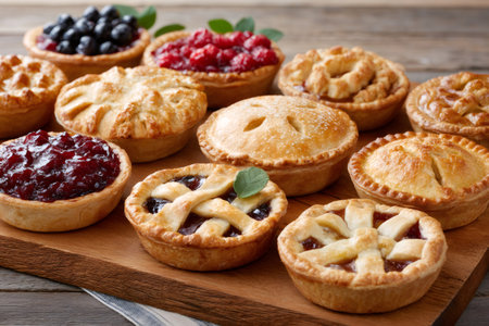 Variety of freshly baked mini fruit pies arranged on a wooden cutting board, showcasing a mix of flavors and decorative crustsの素材