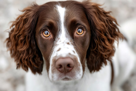 Close up of a springer spaniel staring with its captivating brown eyes, highlighting the beauty and expressiveness of this beloved breedの素材