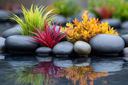 Tranquil pond reflecting colorful plants growing on rocks, creating a serene and peaceful atmosphereの素材