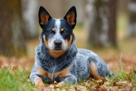 Australian cattle dog lying down in autumn leaves in forestの素材