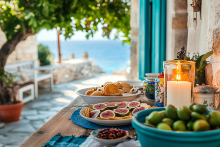 Enjoying a delicious breakfast with fresh figs, pastries, and a lit candle on a terrace overlooking the serene Mediterranean seaの素材