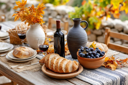 Rustic autumn table setting featuring wine, bread, grapes, and pottery, creating a warm and inviting atmosphereの素材