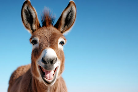 Brown donkey smiling with mouth open and clear blue sky in backgroundの素材