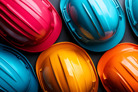 Vibrant hard hats provide essential protection on job sites, ensuring workplace safety for construction and industrial personnelの素材