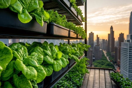 Fresh lettuces growing in a rooftop garden against a vibrant city backdrop at sunset, promoting sustainable agriculture in urban environmentsの素材