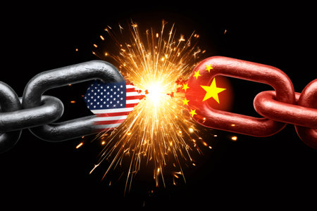 Metal chain breaking apart, showing worsening relations between the United States and China, with sparks flyingの素材