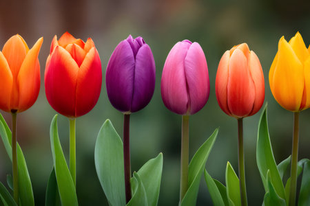 Vibrant tulips create a colorful display in a spring gardenの素材