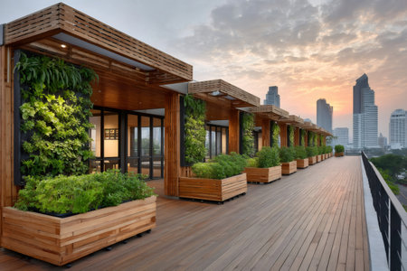 Wooden rooftop garden with vertical green walls and planters overlooking the Bangkok skyline at sunset, promoting sustainable urban designの素材