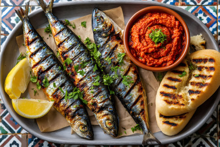 Grilled sardines garnished with lemon and parsley, served with toasted bread and muhammara, a hot pepper dip, on a serving dishの素材