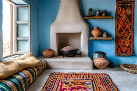 Traditional rustic interior design featuring a fireplace, colorful rugs, pottery, and a vibrant blue wall, creating a cozy and inviting atmosphereの素材