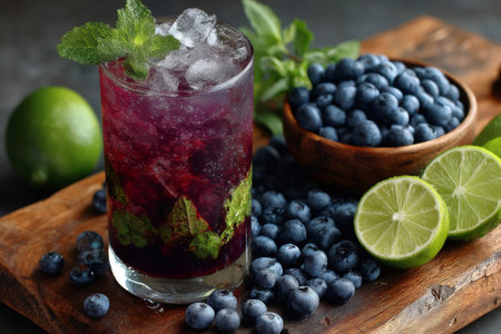 Vibrant blueberry mojito cocktail is garnished with fresh mint and lime, accompanied by a bowl of ripe blueberriesの素材