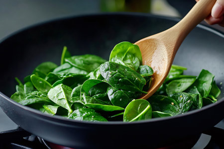 Chef sauteing fresh spinach leaves in pan with wooden spoonの素材