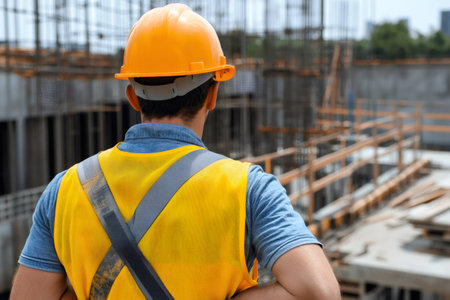 Construction worker wearing high visibility vest and hardhat inspecting building siteの素材