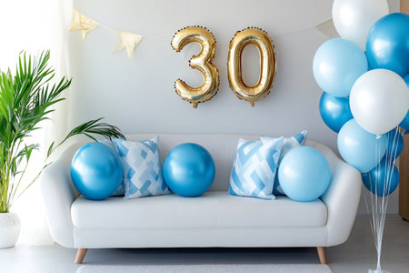Blue and white balloons and golden number 30 celebrating a thirtieth birthday in a cozy living roomの素材
