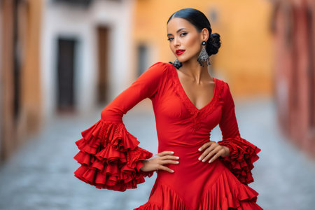 Young woman wearing traditional red flamenco dress posing in the Santa Cruz neighborhood of Seville, Spainの素材