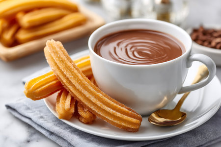 Traditional Spanish breakfast with churros and hot chocolate drinkの素材