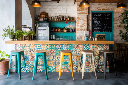 Vibrant bar stools adding a pop of color to a trendy cafe's interior, showcasing a modern and inviting atmosphereの素材