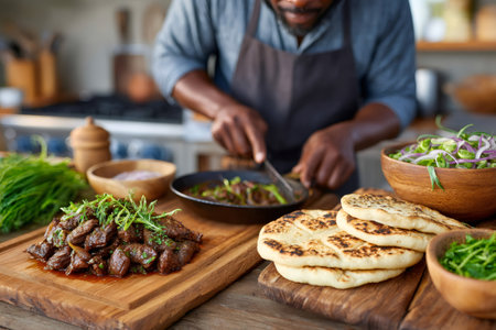 Chef preparing a delicious beef dish, served with pita bread and fresh salad, in a modern kitchenの素材