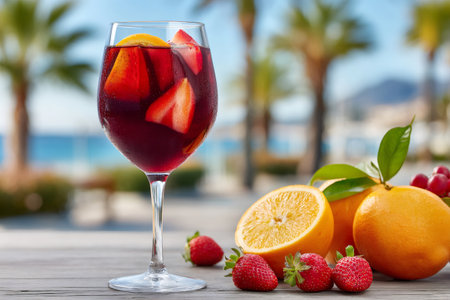 Glass of sangria with fresh fruit on a table with tropical beach backgroundの素材