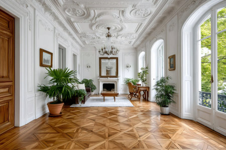 Luxurious apartment showcasing a beautifully designed living room with classic furniture, high ceiling, and intricate parquet flooringの素材