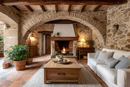 Warm and inviting living room with burning fireplace in a rustic stone house, creating a cozy and comfortable atmosphereの素材