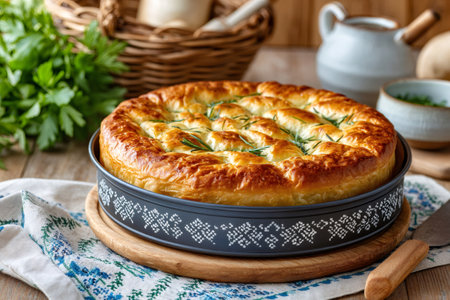 Freshly baked homemade round loaf of bread decorated with rosemary sprigs sits in a baking pan, showcasing its golden crust and rustic charmの素材