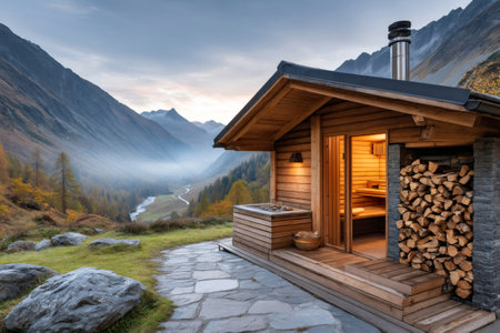 Wooden sauna cabin with a breathtaking view of the mountains offers a tranquil escape in natureの素材