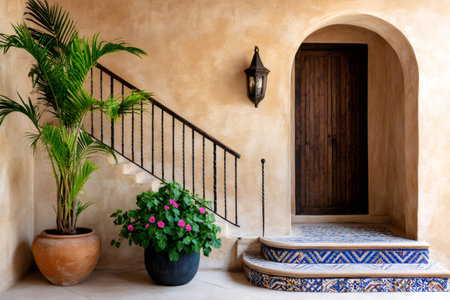 Potted plants adding a touch of nature to the entrance of a building with mosaic tile steps and a stucco wallの素材