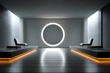 Futuristic waiting room with glowing circle and concrete walls, showcasing a minimalist and modern designの素材