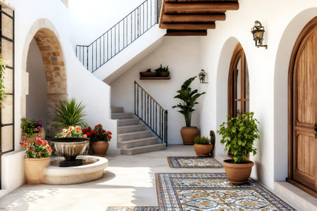 Elegant patio featuring a stone fountain, potted plants, and a staircase leading to the upper level, creating a tranquil and inviting atmosphereの素材