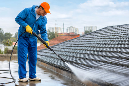 Worker efficiently pressure washing a roof with urban skyline in the backgroundの素材