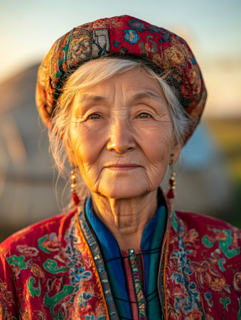 Portrait of a senior Kazakh woman showcasing traditional attire and headdress in a natural outdoor settingの素材