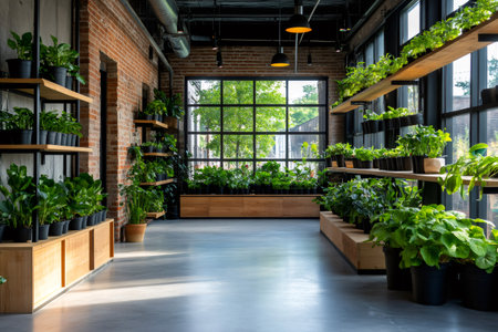 Plants arranged on shelves and planters in a bright, spacious interior with exposed brick and large windowsの素材