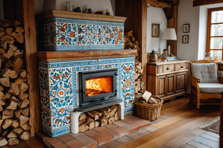 Cozy rustic living room is warmed by a burning fireplace with decorative ceramic tiles, stacked firewood, and wooden furnitureの素材