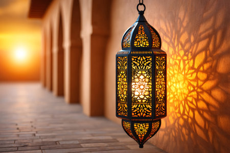 An intricate metal lantern illuminates a corridor with Moorish arches during a vibrant sunset, evoking the spirit of Ramadanの素材